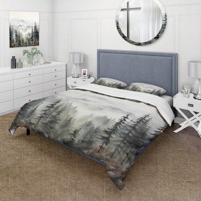 Designart "Pine Tree Misty Mountain II" Green Traditional - Bedding Set With Shams