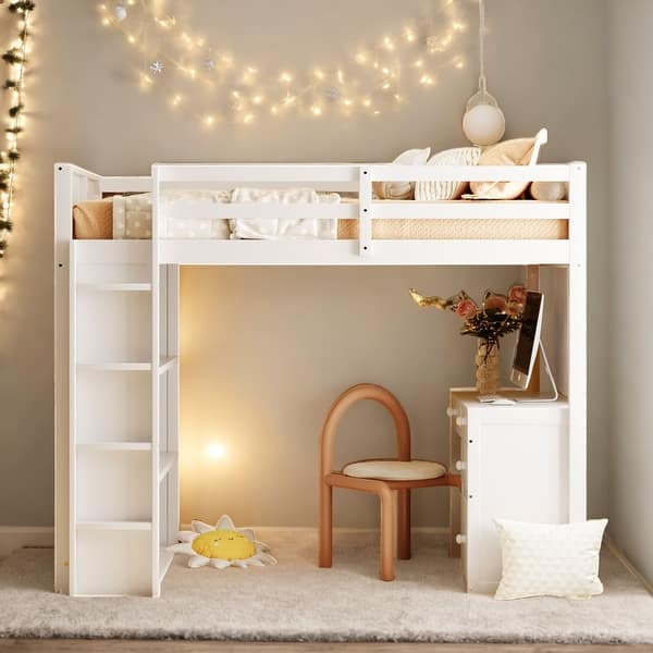 slide 2 of 22, Twin Size Loft Bed with Ladder, Shelves, and Desk White