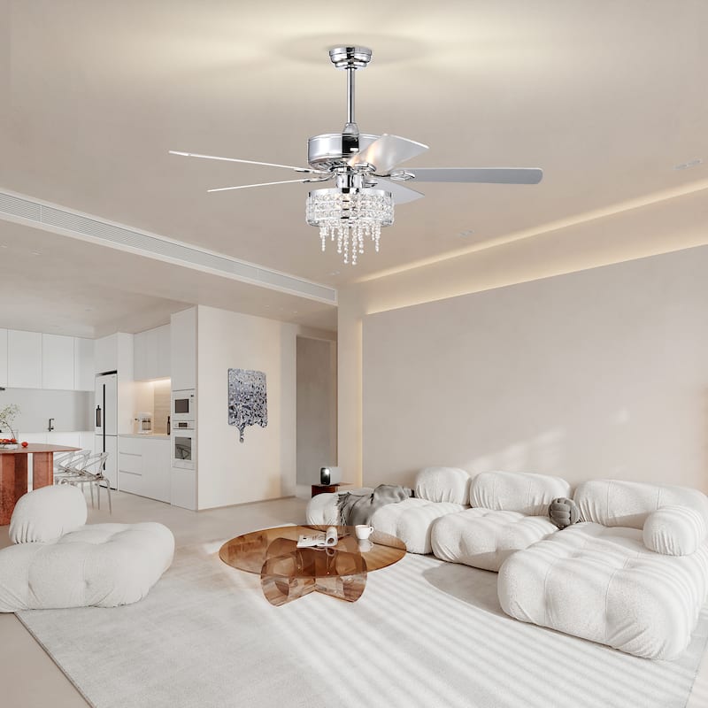 52” Modern Crystal Ceiling Fans with Lights Remote Control, Ceiling Fan with 5 Blade for Living Room, AC Motor, Chrome