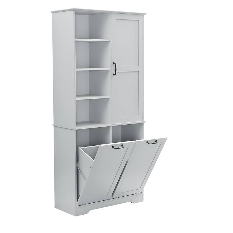 Bathroom Storage Cabinet with Doors and Drawers, Tilt-Out Laundry Hamper, Freestanding Style, Open Shelve, Adjustable Shelf