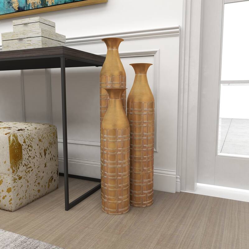 Gold Metal Tall Distressed Glam Metallic Vase with Pattern (Set of 3) - Multiple Patterns