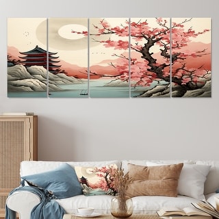 Japanese Pagoda Cherry Blossom Vintage River - Japon Landscape