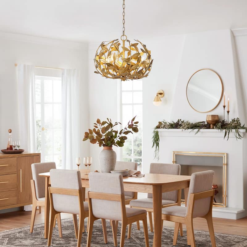 Antique Gold Olive Leaf Spherical Hollow Shade 6-Light Chandelier - 19.7"Wx15.4"H