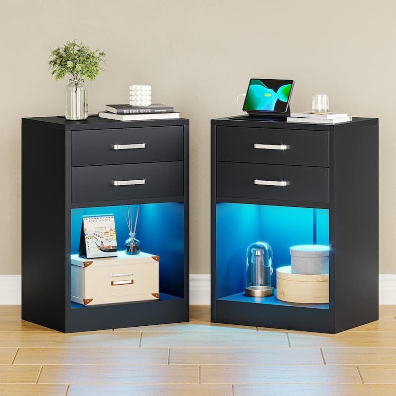 LED Nightstands Set of 2 Nightstand Bedroom Power Outlets 2 Drawers - Black
