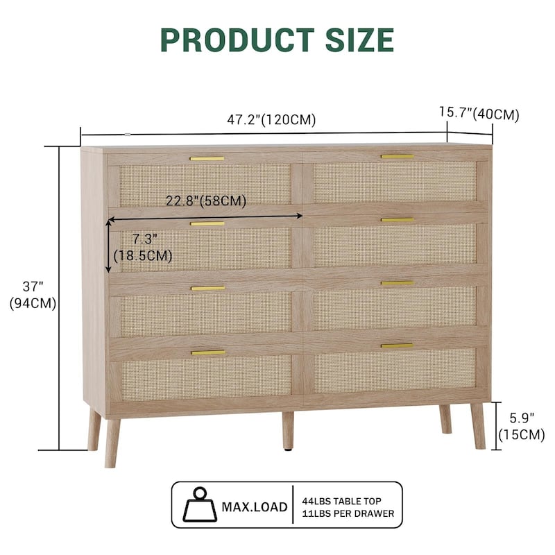 8 Drawer Dresser, Natural Rattan Dresser for Bedroom with 5 Strong Legs
