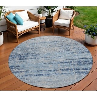 8' Sky Blue And Navy Blue Round Abstract Washable Indoor Outdoor Area ...