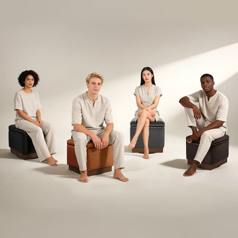 Swivel Storage Ottoman Bench Footstool with Flip-top and Acacia Frame