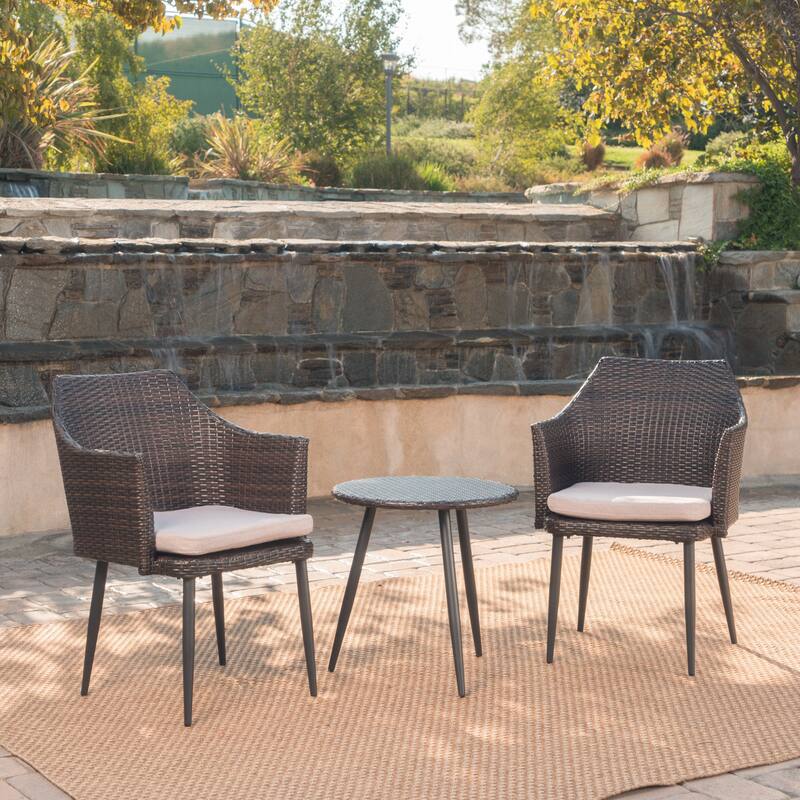 Roomfitters Kenneth 3-Piece Outdoor Wicker Chat Set with Table and Cushions, Iron Frame, Brown Multi