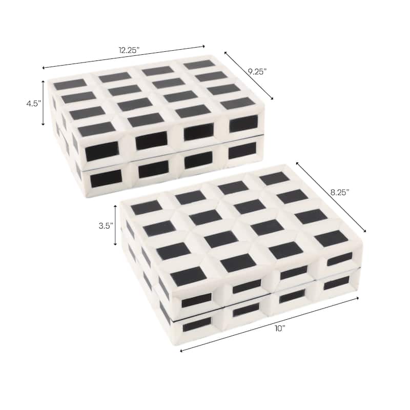 Decorative Checkered Pattern Box with Lid - Set of 2, 10", 12" White - 12.25"