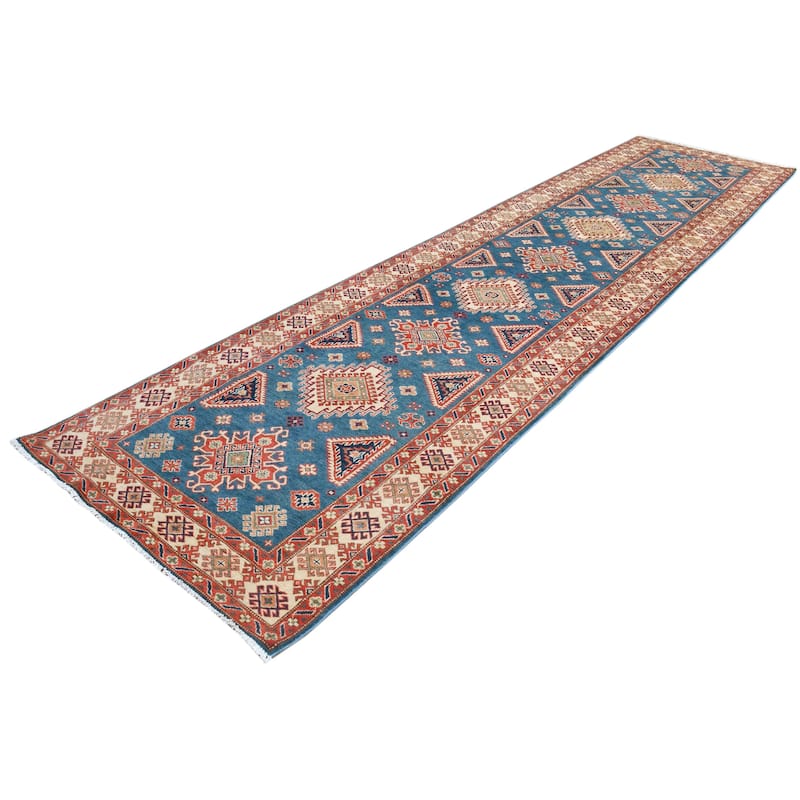Rustic Kazak Katrina Blue/Natural Wool Runner - 4'0'' x 16'2''