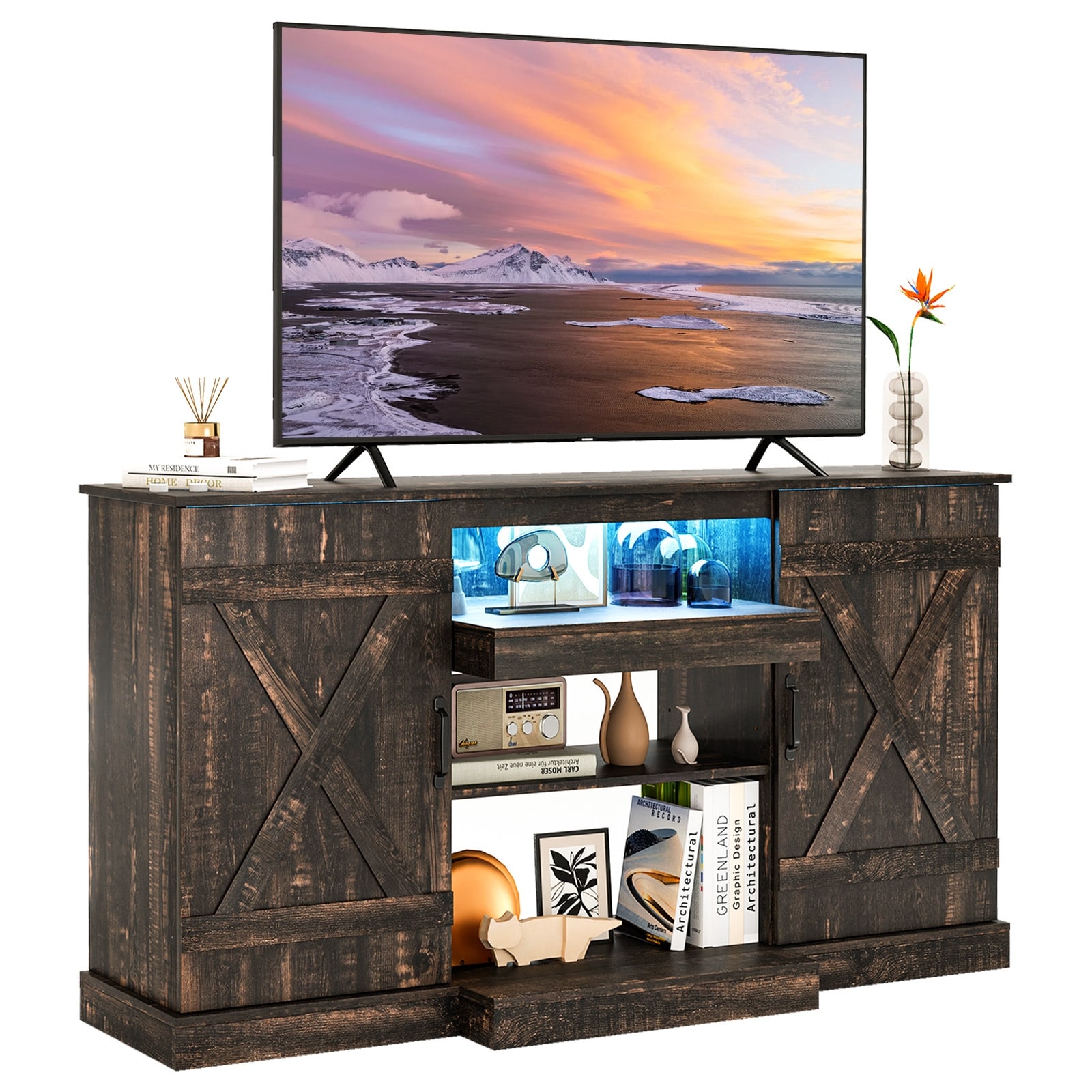 Gymax TV Cabinet for TVs up to 68'' w/ 3-Level Shelves LED Lights 22