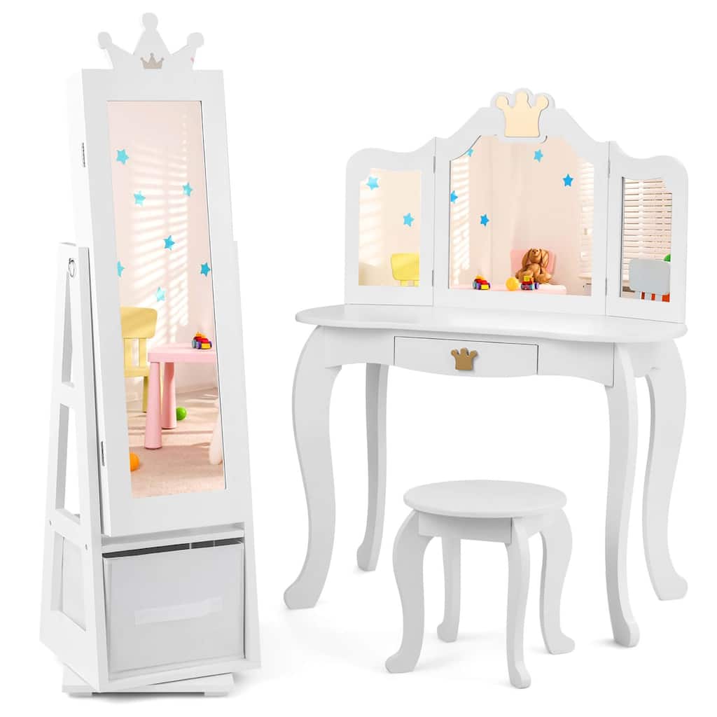 Gymax Kids Vanity Set Princess Makeup Dressing Table & Chair Set w/