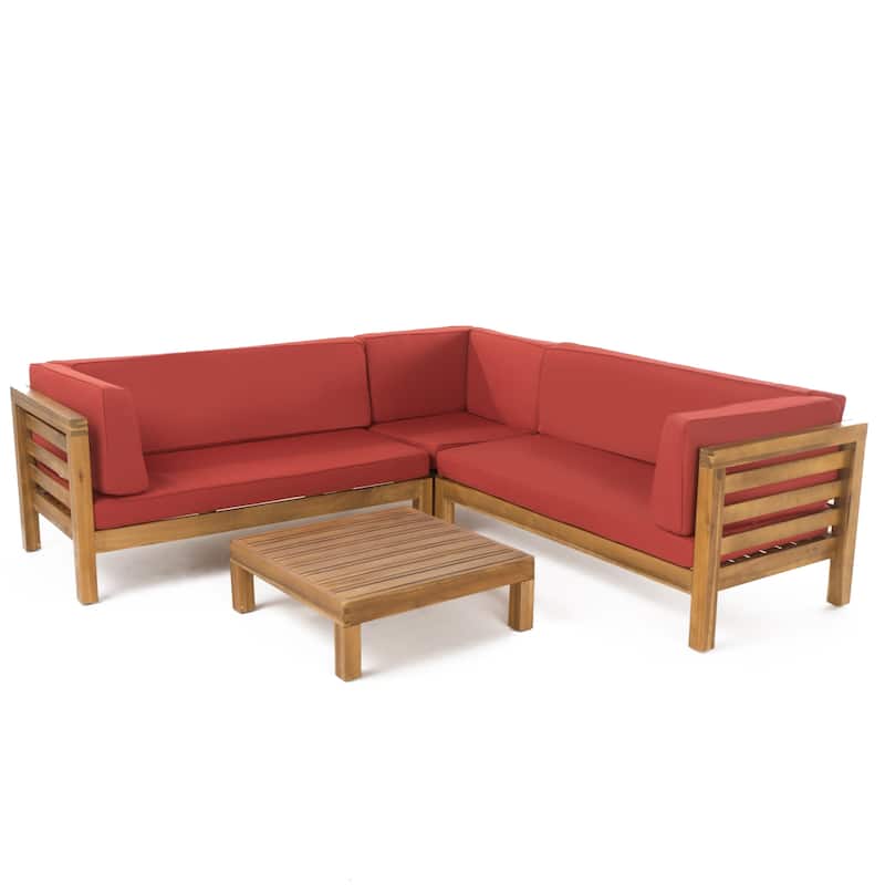 Oana Outdoor 5 Seater V Shaped Mid-Century Modern Acacia Wood Sectional Sofa Set with Coffee Table by Christopher Knight Home