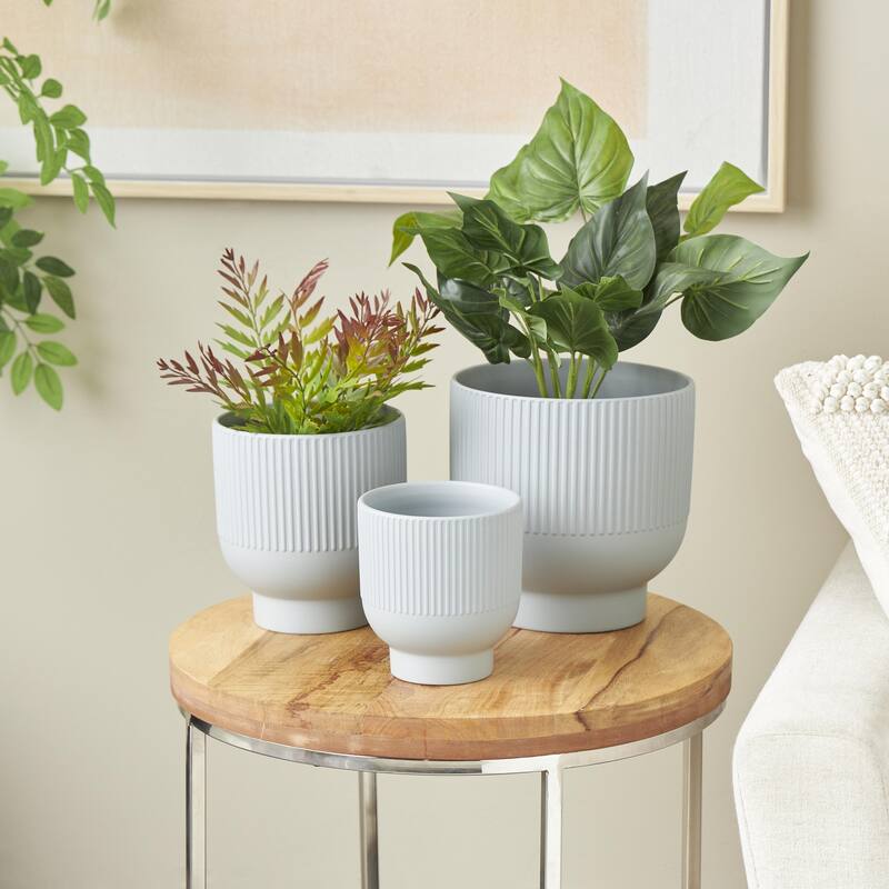 Ceramic Indoor Outdoor Planter with Linear Grooves and Tapered Bases - Set of 3 Black, Light Blue, White - Roche River Decor