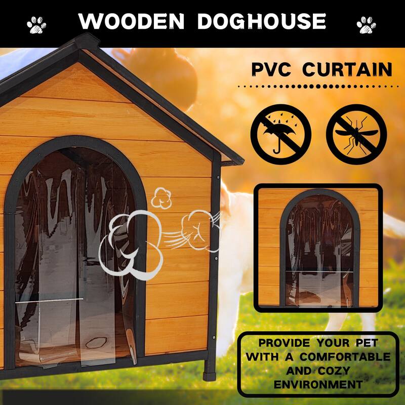 Outdoor Wooden Elevated Dog House Pet House with Storage Box, 2 Metal Bowls, Suitable for Small, Medium and Large Dogs