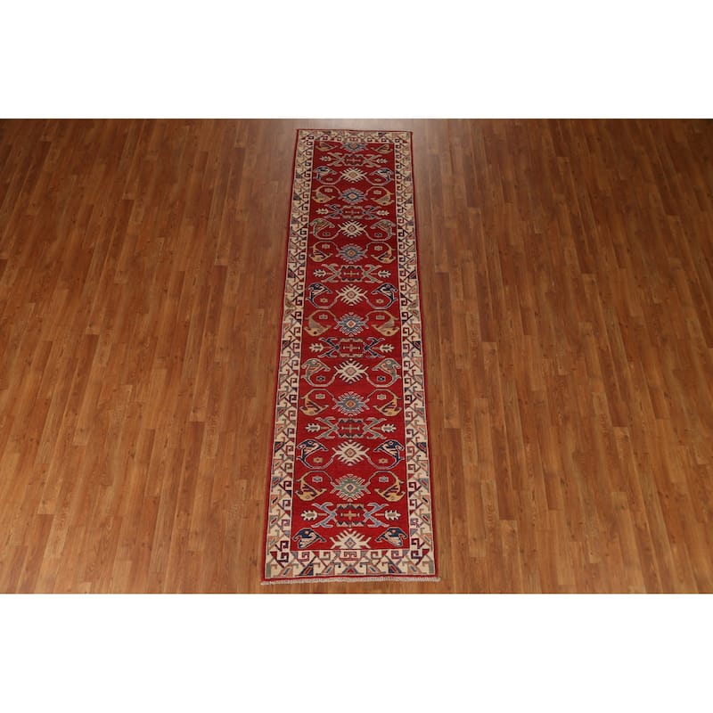 Red Geometric Kazak Oriental Traditional Wool Runner Rug Hand-knotted - 2'8" x 9'8"
