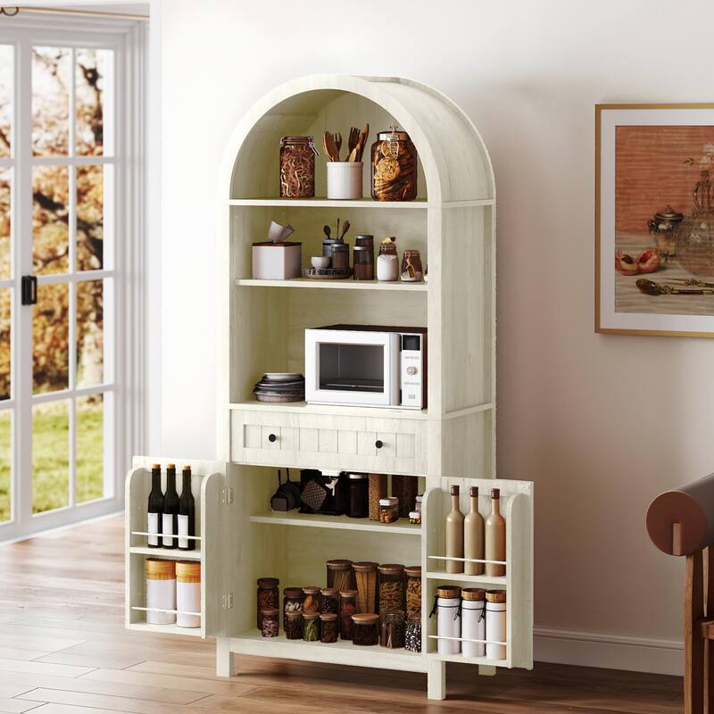 72.8" Tall Farmhouse Arched Kitchen Pantry Storage with Power Outlets and Spice Rack