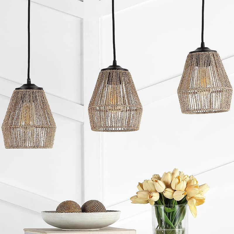 Ibiza Island 30" 3-Light Seagrass/Metal Bohemian Coastal LED Pendant, Oil Rubbed Bronze/Natural by JONATHAN Y