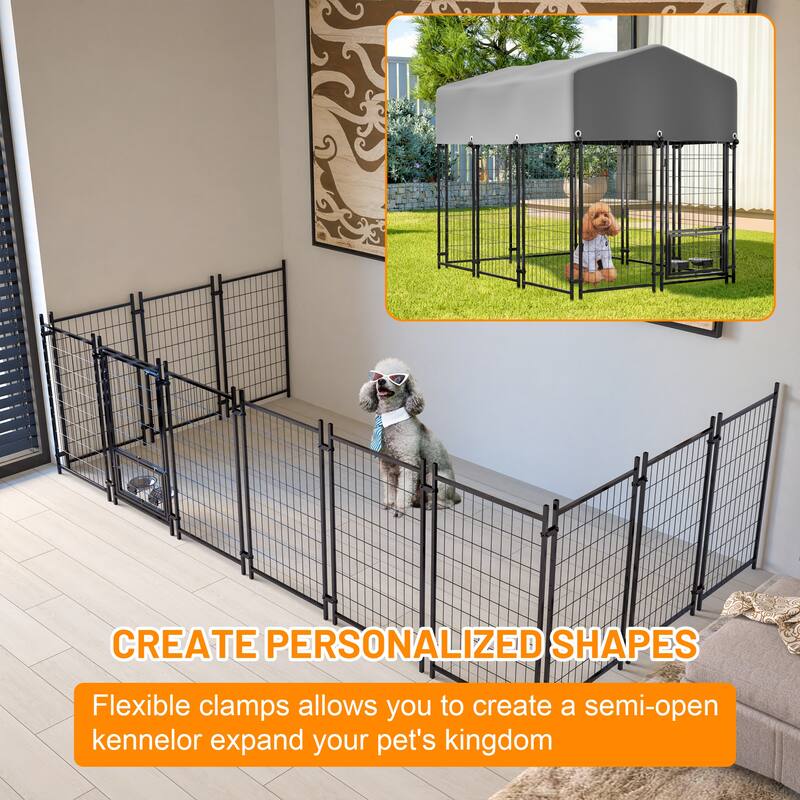 GDFStudio - Large Outdoor Heavy Duty Metal Dog Kennel with Roof, UV-Resistant Waterproof Cover, Double Lock & Rotating Feeder