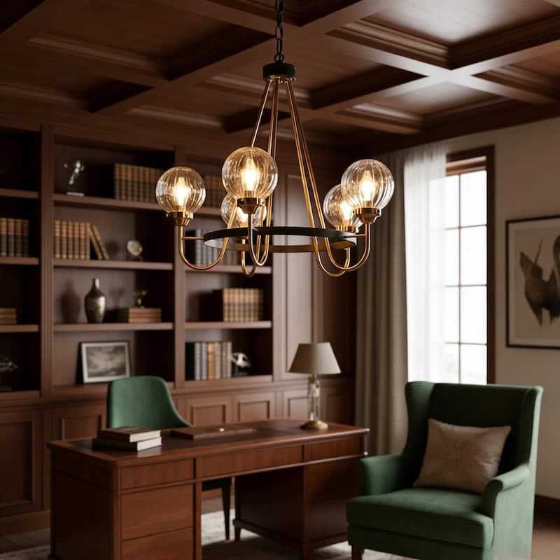 Modern 5-Light Black Gold Wagon Wheel Chandelier Glass Pendant Light for Dining Room - 22" D x 21.5" H