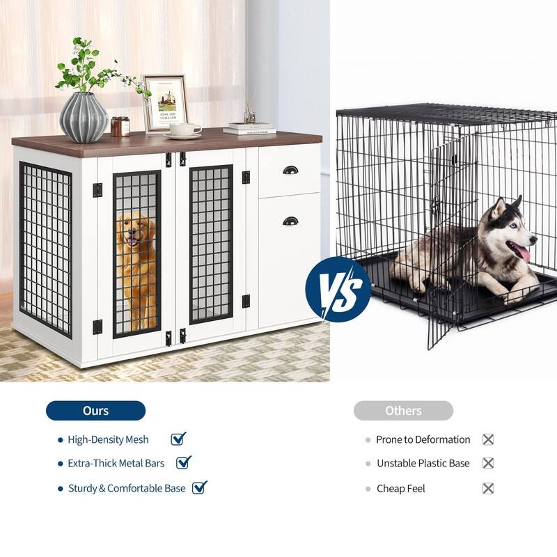 44" Heavy Duty Dog Kennel Crate Furniture with Drawer Cabinet Wooden Indoor Pet Cage Side End Table