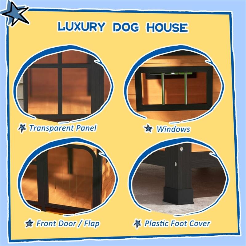 Natural Wooden Dog House with Weatherproof Asphalt Roof, Raised Floor & Openable Roof for Easy Access