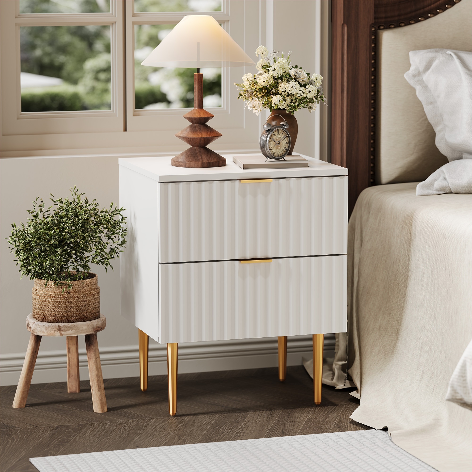 2pcs Modern Fluted Nightstand with Charging Station & 2 Drawers