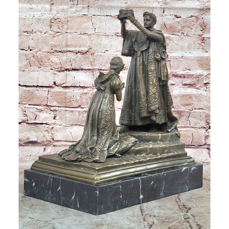 Bronze Coronation Sculpture – Medieval King Crowning Queen Statue On Marble Base