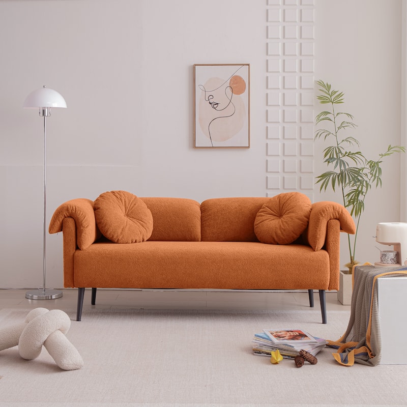 Modern Loveseat Sofa, Lounge Couch with Cushion Armrest and 2 Round Pillows, Upholstered Love Seat Sofa for Living Room - Brown