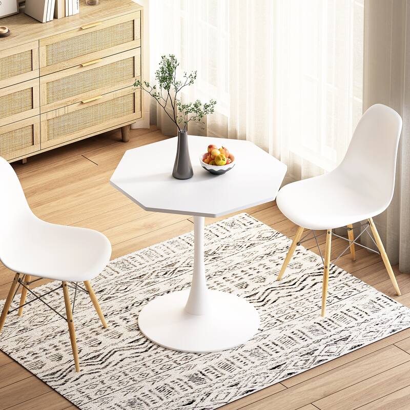 31.50" Modern Octagonal Coffee Table With Printed White Marble Table Top Metal Base For Dining Room Kitchen Living Room