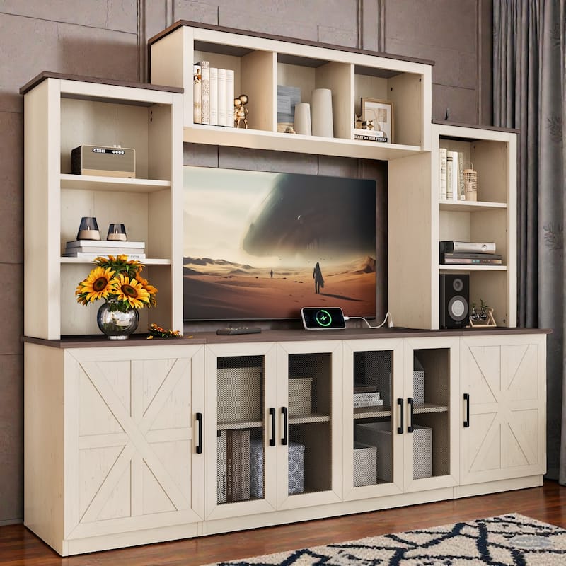 Modern TV Stand Entertainment Center with USB Charging Station, Storage Cabinets and Shelves, Media Console for 55 Inch TV