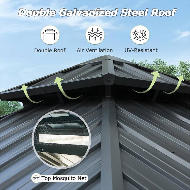 10x10 Hardtop Aluminum Gazebo with Double Roof, Curtains, and Netting for Patio, Backyard, Deck, Lawn