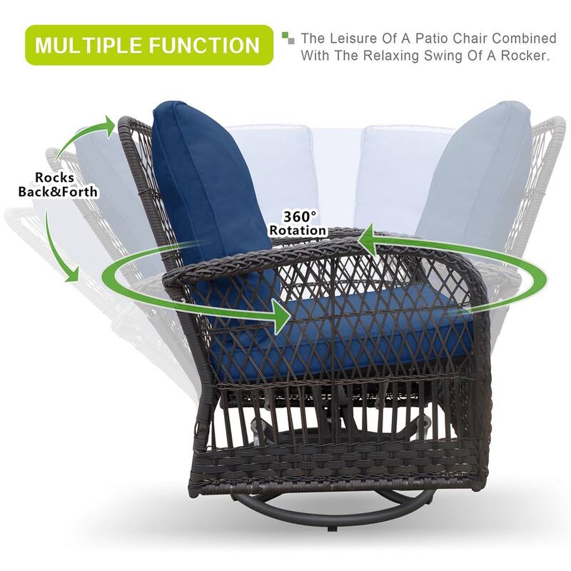 360-Degree Patio Wicker Swivel Rocker Chairs Set,w/Cushions and Table