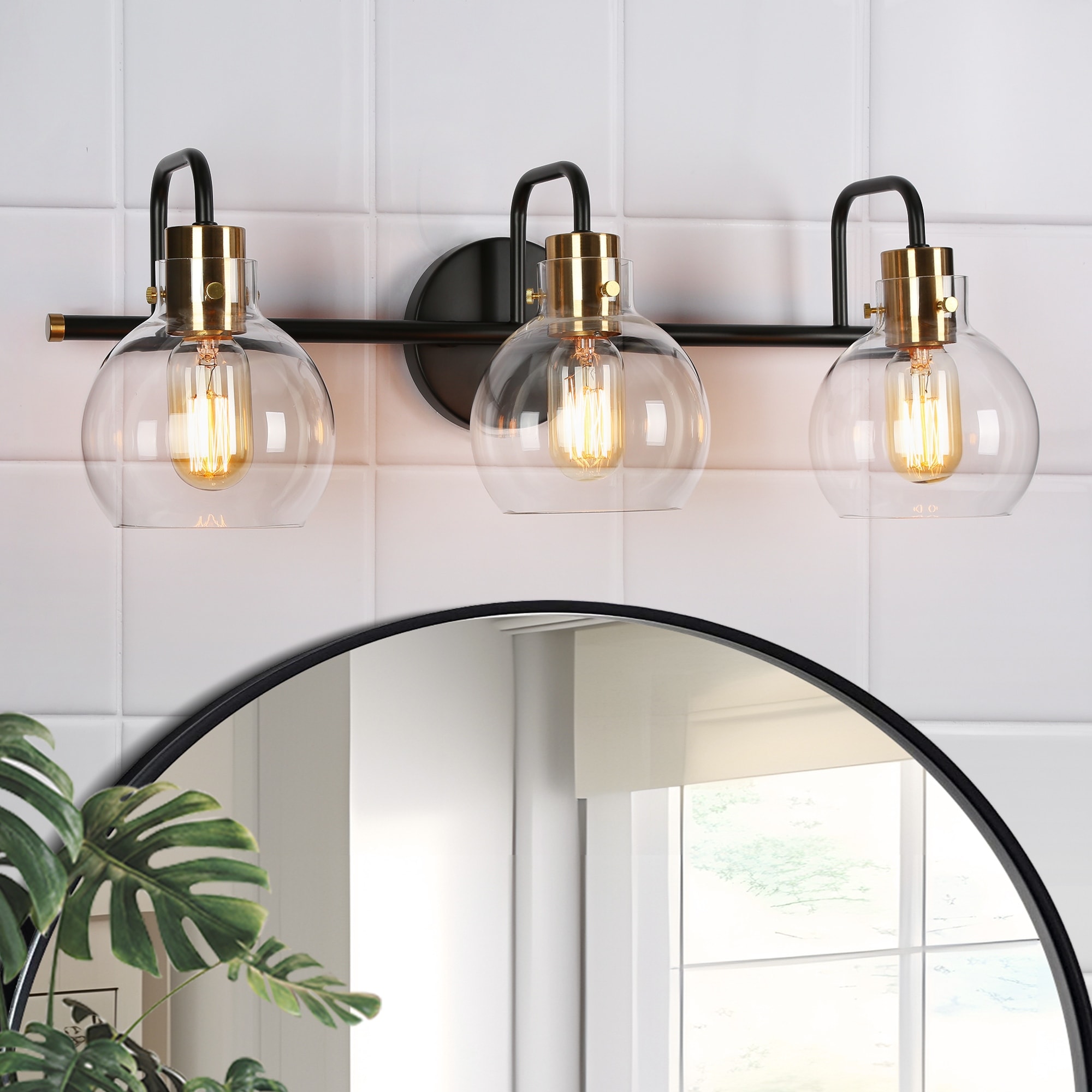 Modern 3-Light Black Gold Bathroom Vanity Lights Wall Lighting with Clear Globe Glass - 23" L x 8" W x 8" H