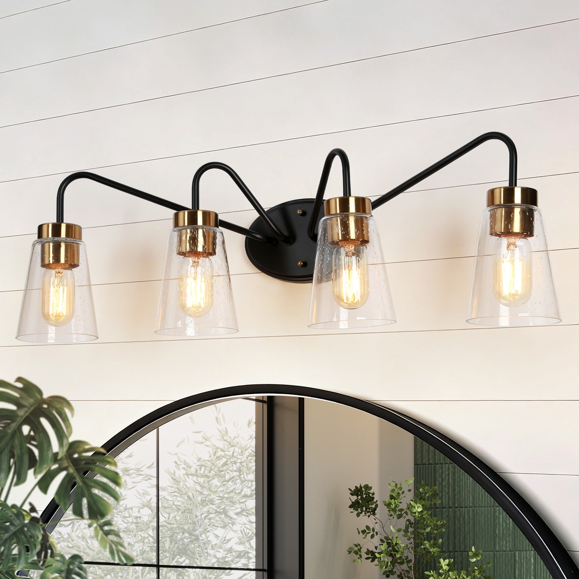 Modern Farmhouse 4-Light Black Gold Bathroom Vanity Lights Dimmable Seeded Glass Wall Lighting - 28.5" L x 7" W x 9.5" H