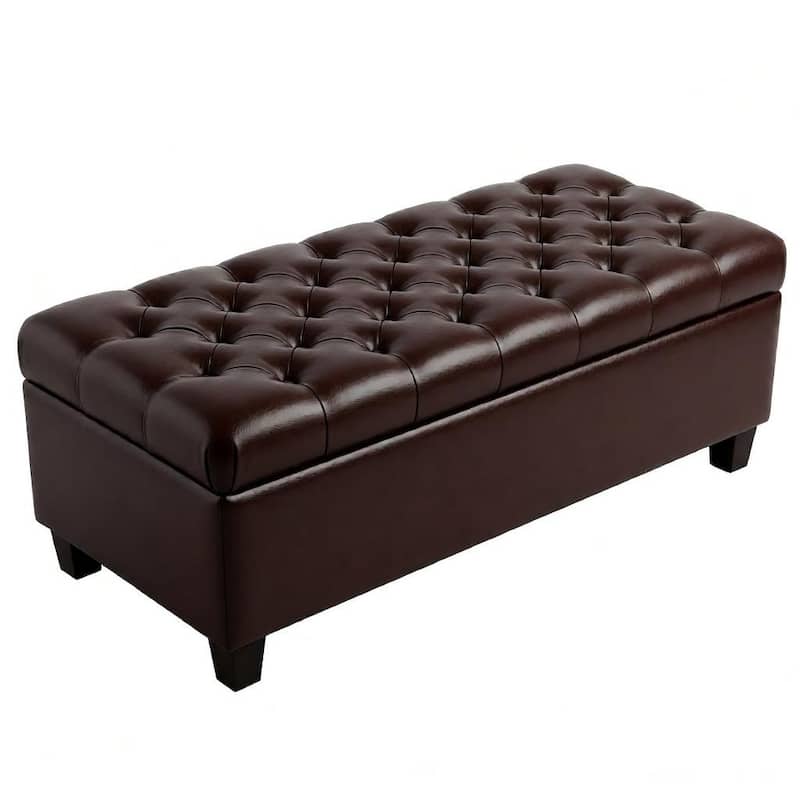 50.25" Brown PU Leather Storage Ottoman Bench with Safety Hinges - Brown