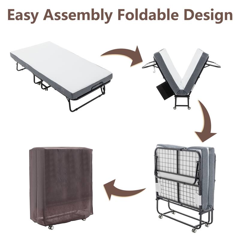 Portable Folding Guest Bed with Mattress, Rollaway Cot on Wheels, 31–45 Inch Sizes