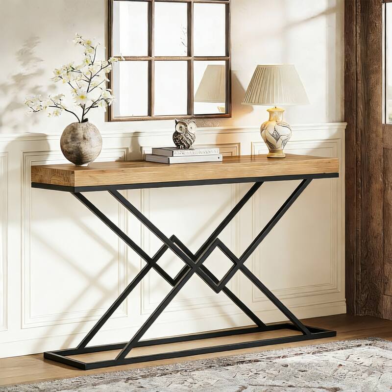 43.2" Solid Wood Console Table with Stylish Geometric Metal Base