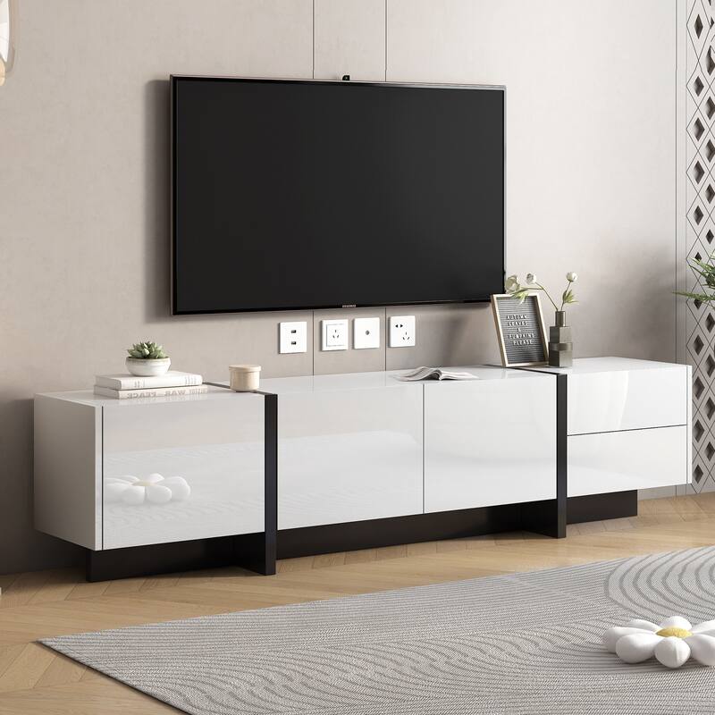 Modern TV Console for TVs Up to 80'', Contemporary Rectangle Design with 3 Cabinets & 2 Drawers, High Gloss Surface - White