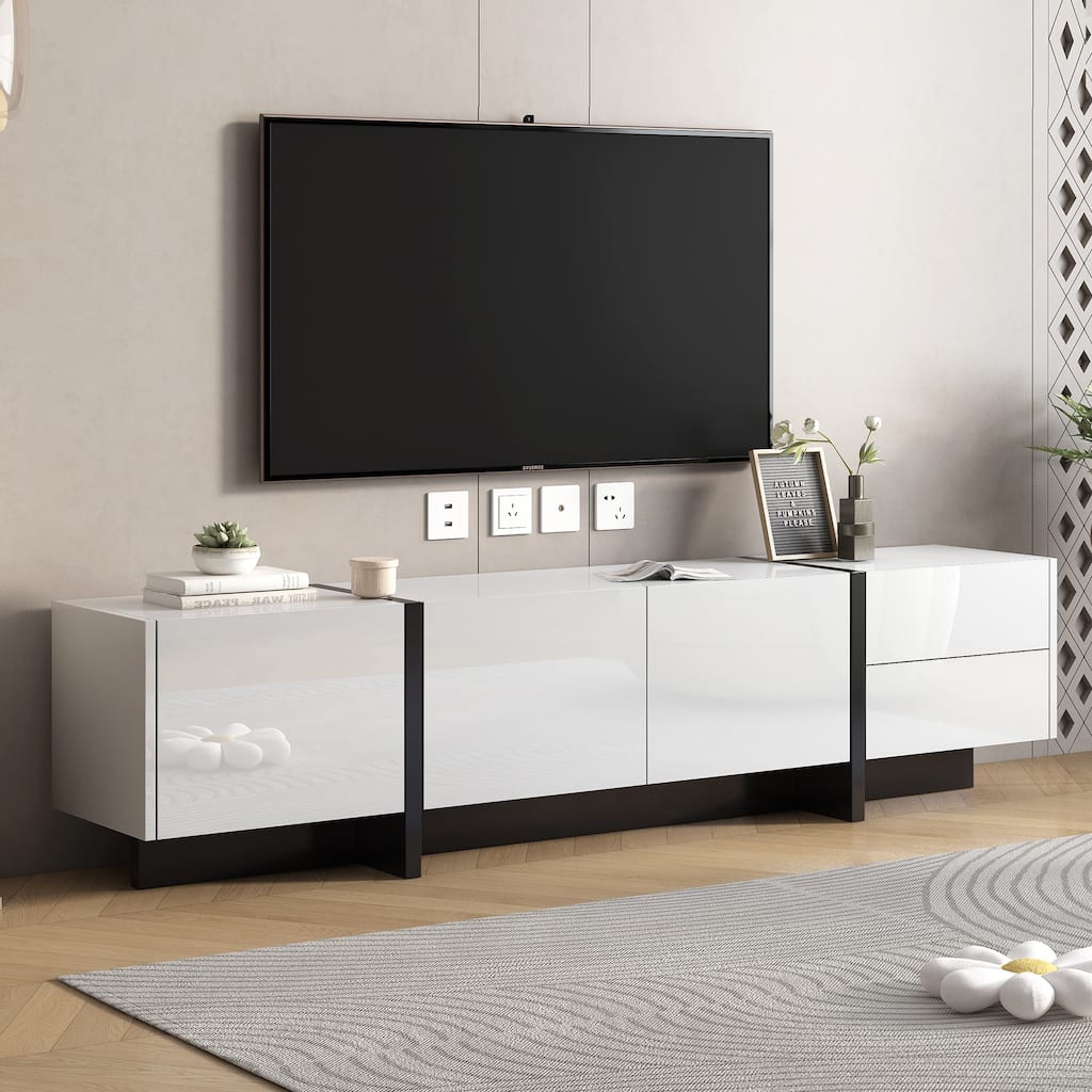 White 74" TV Stand with High Gloss & Storage for TVs Up to 80"
