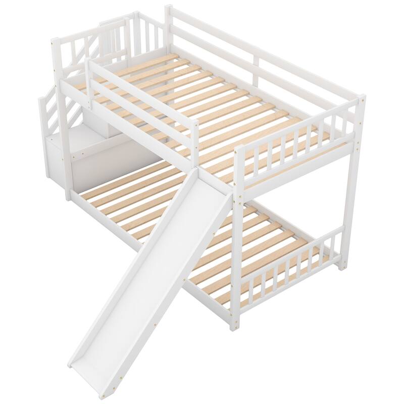 Space-Saving Twin Over Twin Bunk Bed with Convertible Slide and Storage Shelves