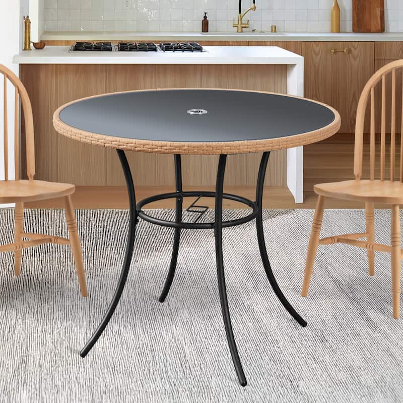 35" Square/Round Outdoor Dining Table - All-Weather Wicker Patio Table with Tempered Glass Top & Iron Frame for Balcony - Round Patio Table