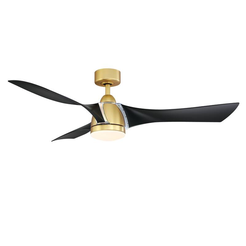 Klear 56 inch Indoor/Outdoor Ceiling Fan with Black Blades and LED CCT Select Light Kit - Brushed Satin Brass