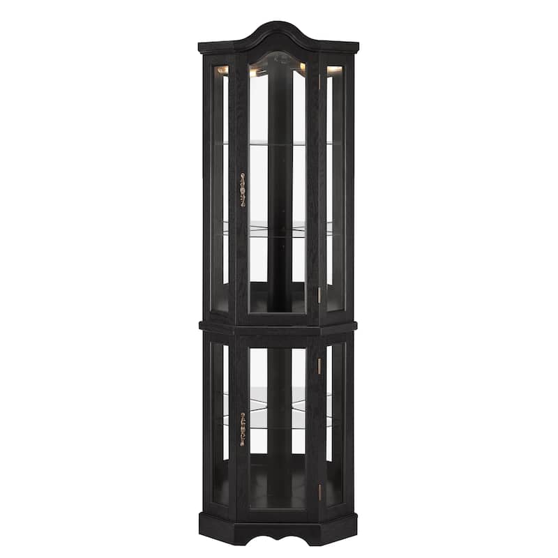 Lighted Corner Curio Cabinet, Freestanding Glass Display Cabinet, Wooden China Cabinet with Tempered Glass Doors & Shelves