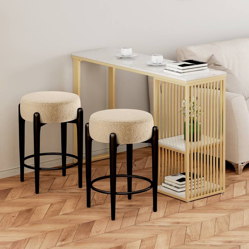 Mid-Century Modern Chair Set of 2 - 23.6" Backless Kitchen Stools with Boucle Upholstery & Sturdy Metal Base