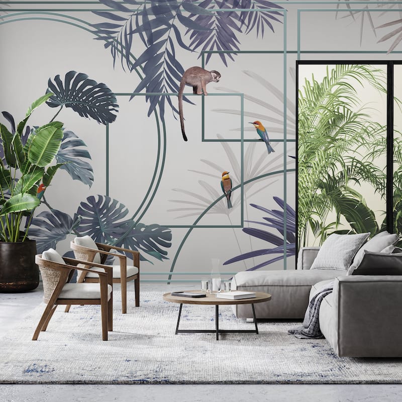 Modern Tropical Jungle Wallpaper Mural with Monkeys and Exotic Birds
