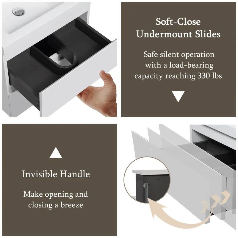 ABRUZZO 24" Floating Single Bathroom Vanity Wall-Mounted with Integrated Resin Top Basin 2 Soft Close Drawers Full Assembly