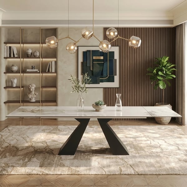 slide 2 of 58, 110.24" Extendable Rectangular Sintered Stone Double Pedestal Dining Table Seat 8-12