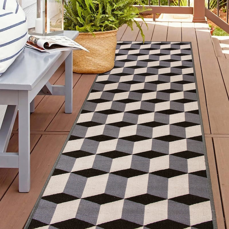 Contemporary Geometric Flatweave Indoor/Outdoor Area Rug - 2'x7' Runner - Gray