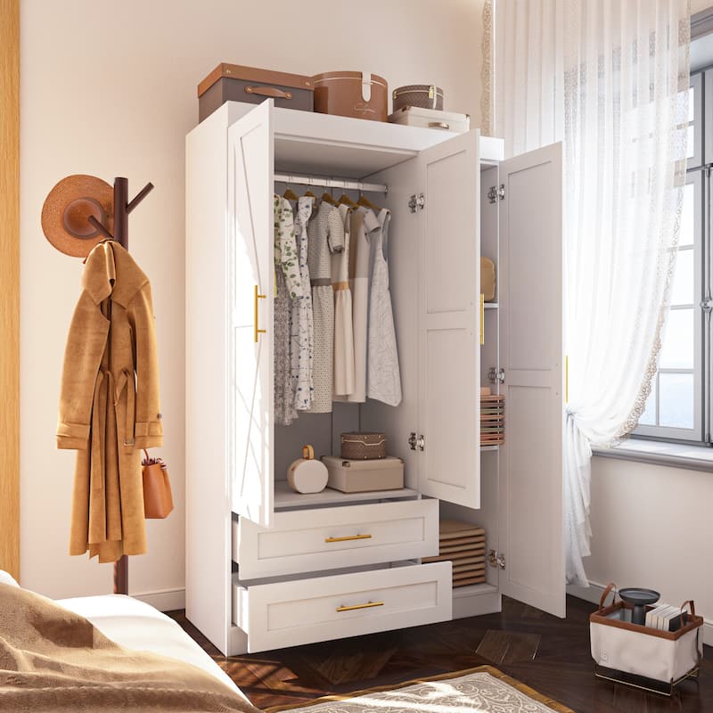 Classic Three-Door Wardrobe,Wood Bedroom Armoire with Hanging Rod and Shelves,Spacious Storage Closet,Modern Farmhouse Design